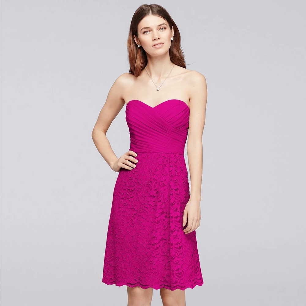 David's Bridal Strapless Fuchsia Lace Fit & Flare Dress